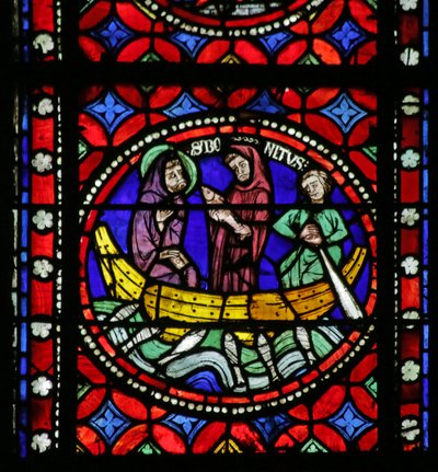 Fenster mit Szene aus dem Leben des Heiligen Bonnet: Heiliger auf der Reise nach Rom beruhigt die stürmische See und fischt von French School